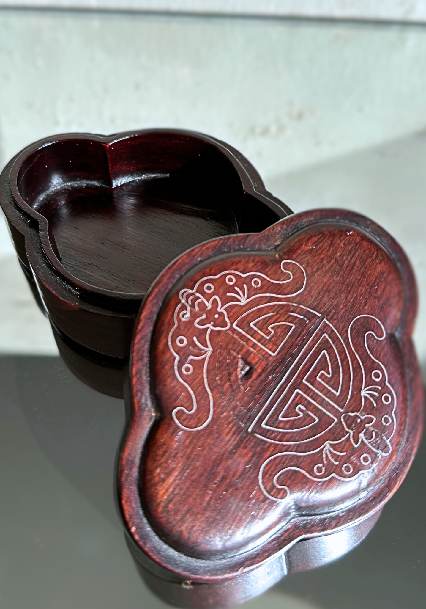 ROSEWOOD HAND-CARVED RING BOX (CHINA)