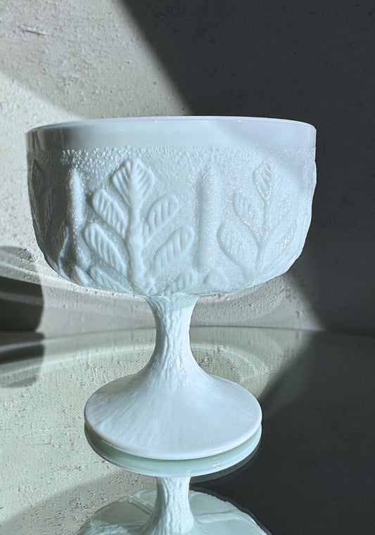 VTG FTD MILK GLASS STEMMED COMPOTE BOWL, OAK LEAF